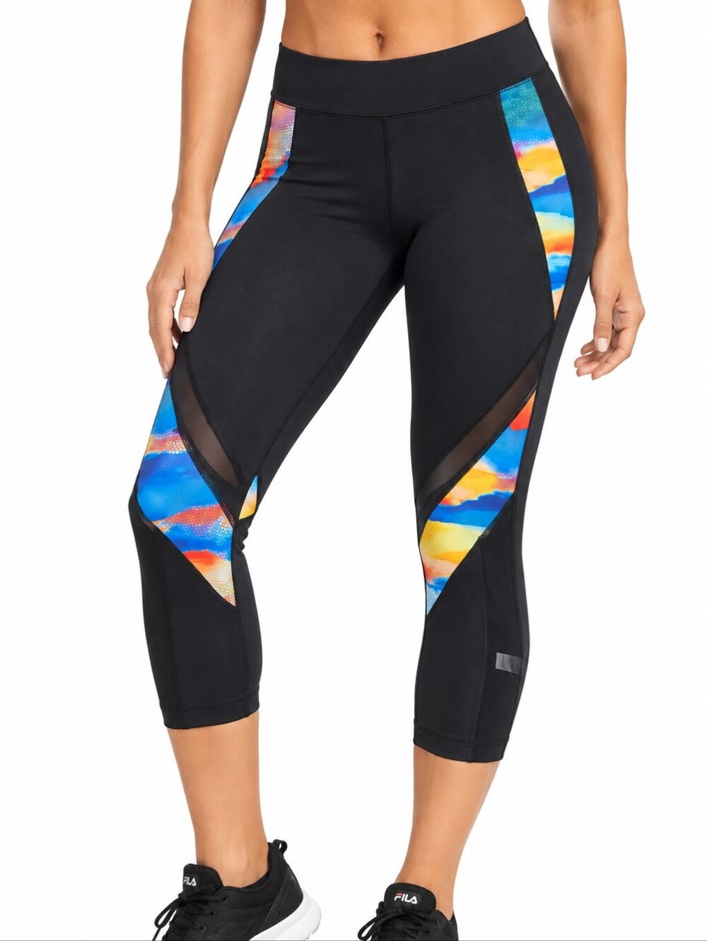 Fila Black Capri Leggings with Blue and Yellow Wave Panels NWT